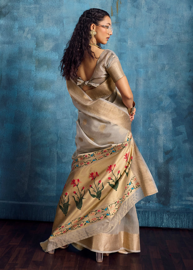 Silver Grey Woven Paithani Tissue Silk Saree