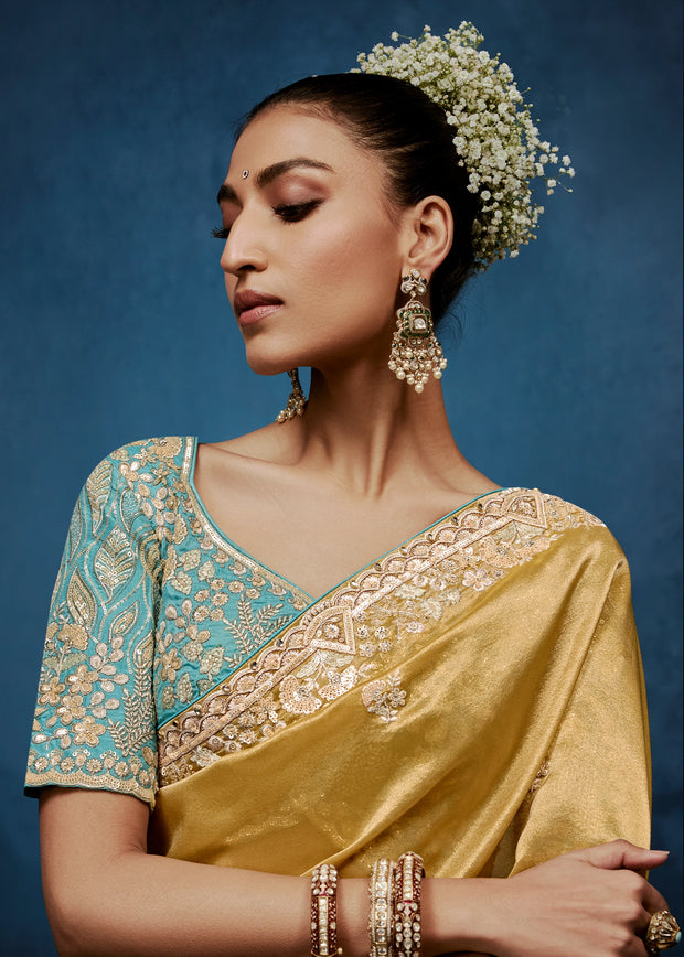 Misted Yellow Embroidered Designer Tissue Saree