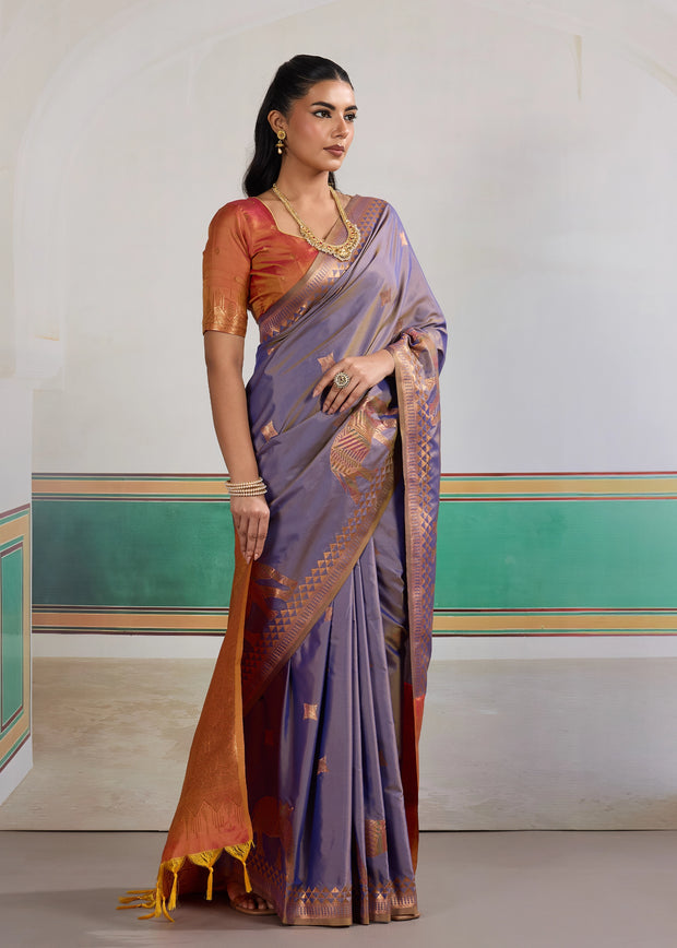 Dusky Purple Woven Silk Saree With Contrast Blouse