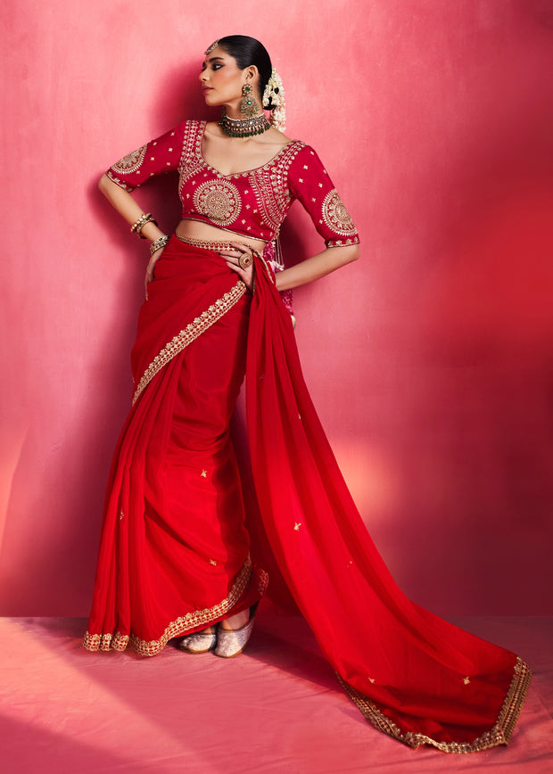 Bridal Red Embroidered Soft Silk Saree With Contrast Blouse