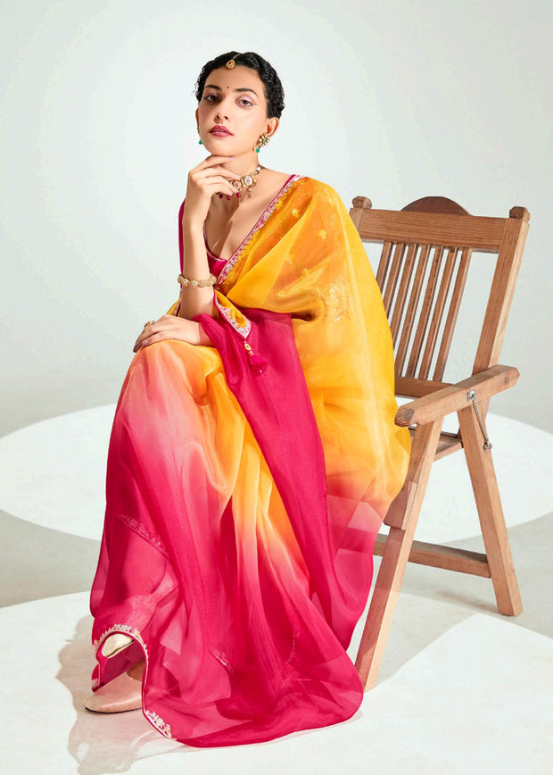 Yellow Red Ombre Tissue Designer Tissue Saree With Embroidered Blouse