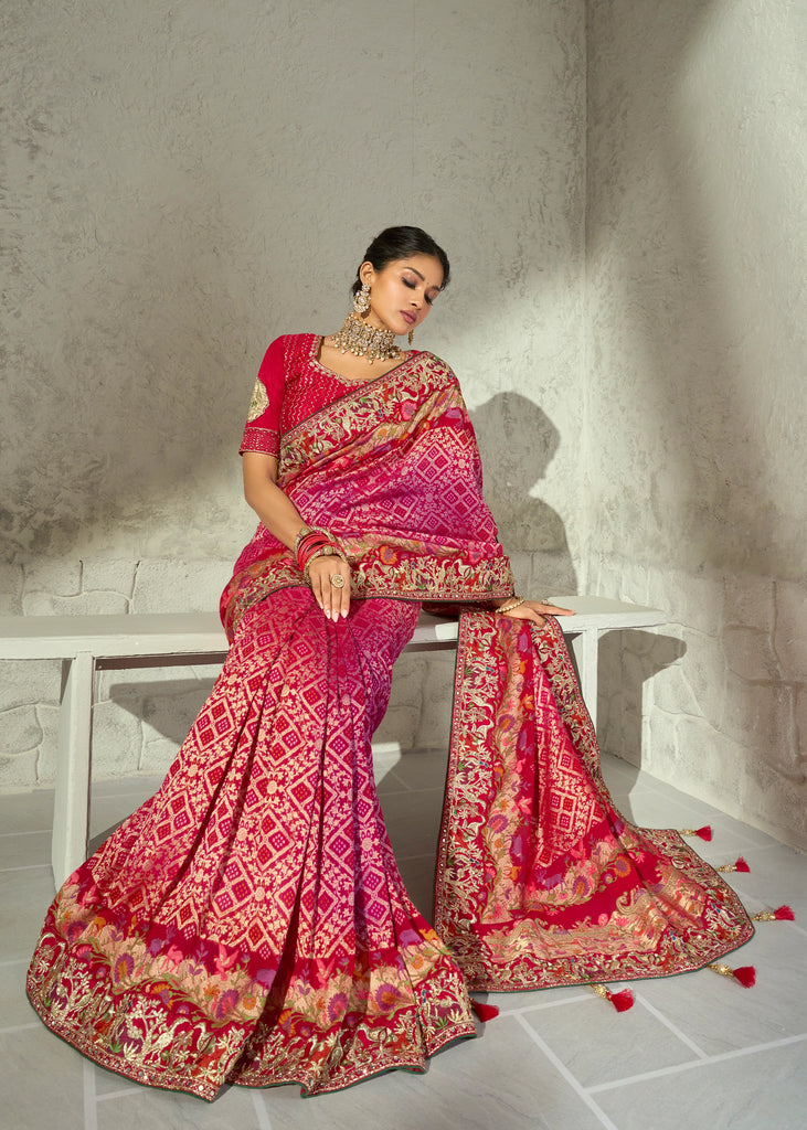 Pink Embroidered Georgette Bandhej Saree