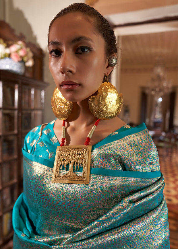 Teal Blue Dual Tone Woven Banarasi Silk Saree