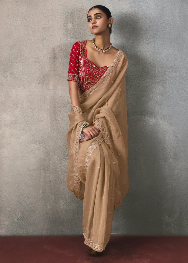 Champagne Beige Embroidered Silk Saree With Heavy Blouse