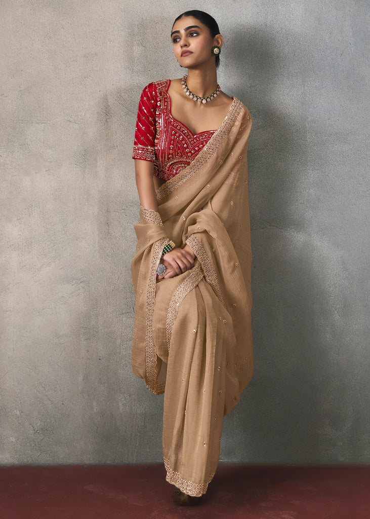 Champagne Beige Embroidered Silk Saree With Heavy Blouse