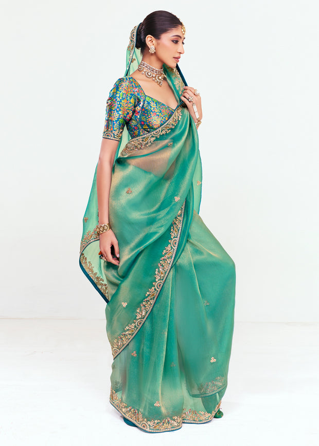 Sea Green Designer Embroidered Tissue Saree