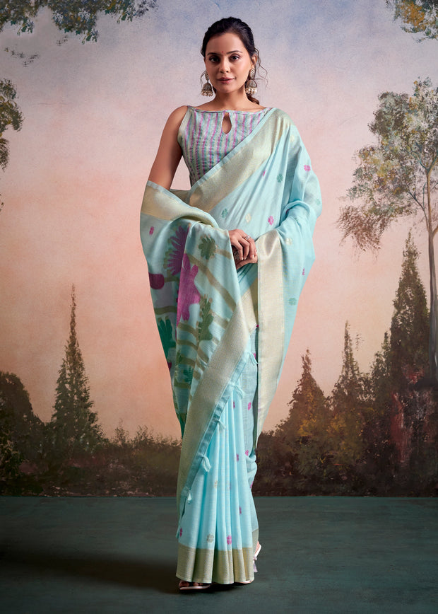Angel Blue Woven Linen Cotton Silk Saree