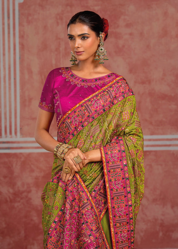Lime Green Embroidered Designer Saree