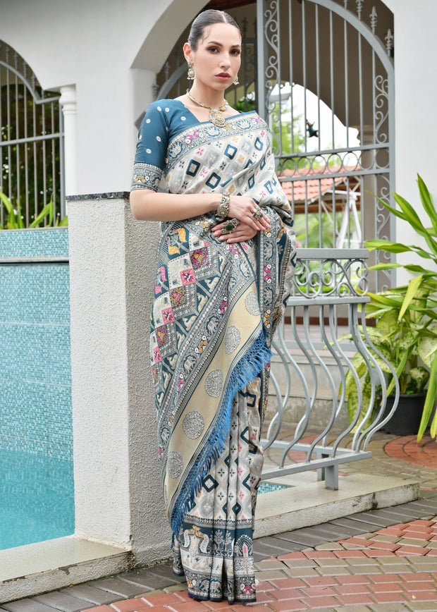 White & Rama Blue Woven Banarasi Patola Silk Saree