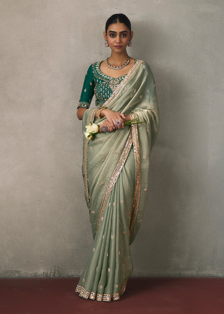 Sage Green Embroidered Silk Saree With Heavy Blouse