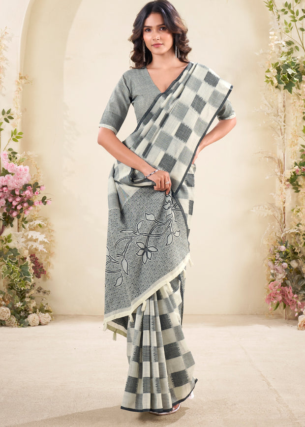 Off White Woven Linen Silk Saree