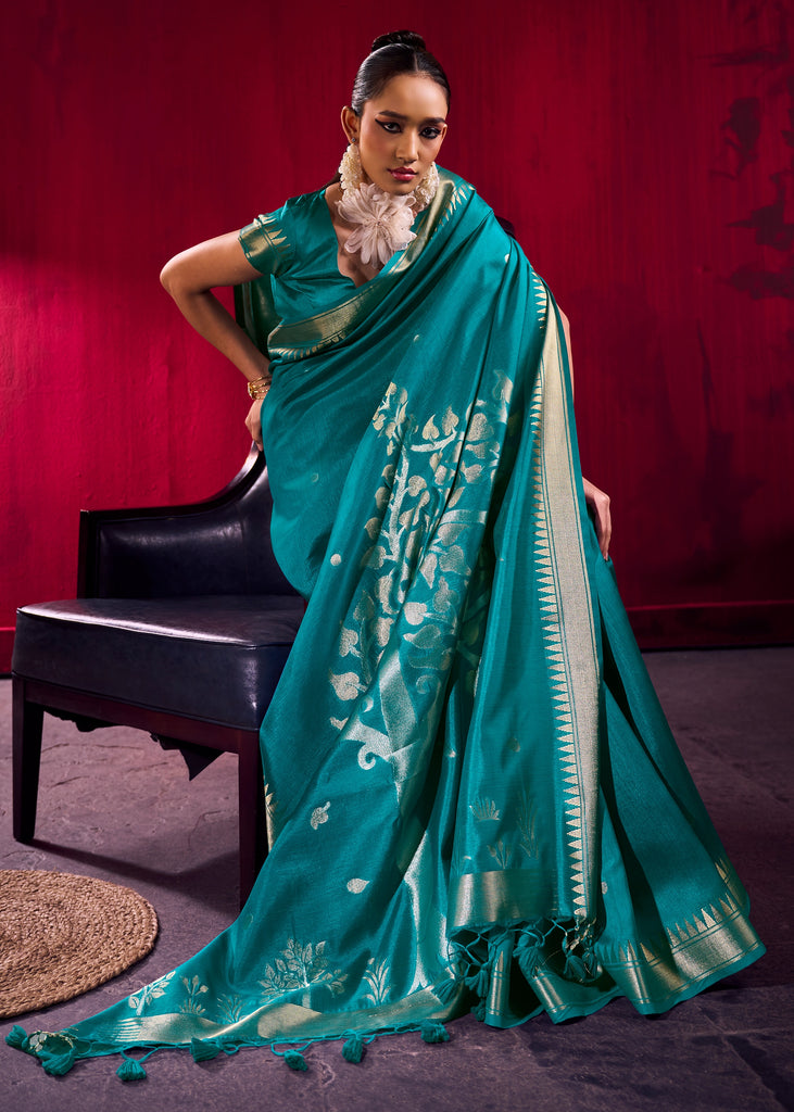 Peacock Blue Banarasi Satin Linen Silk Saree