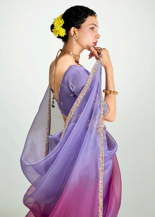 Purple Ombre Designer Tissue Saree With Embroidered Blouse