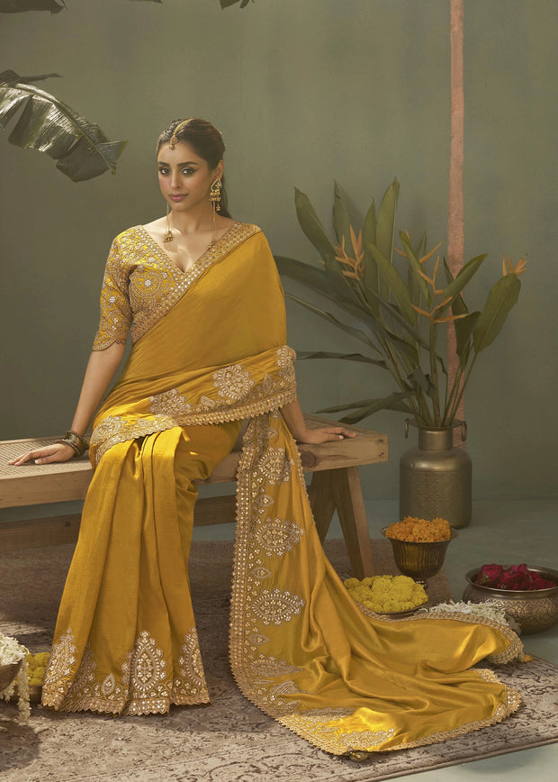 “Exclusive Offer” : Golden Yellow Woven Embroidered Silk Saree