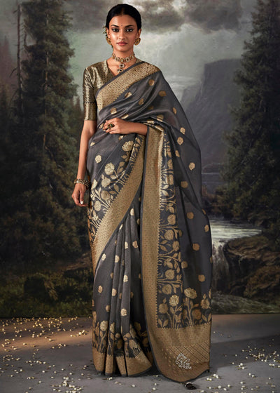 Black Color Jacquard Cotton Chex Embroidered With Lace Work Saree