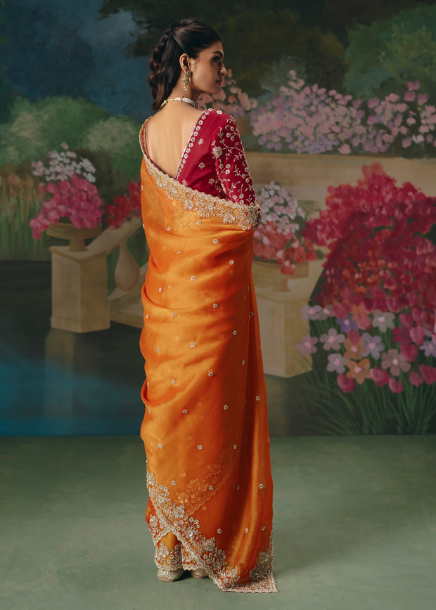 Peel Orange Embroidered Designer Saree