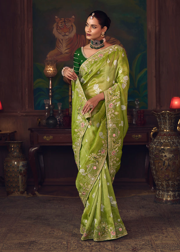 Sage Green Designer Embroidered Saree