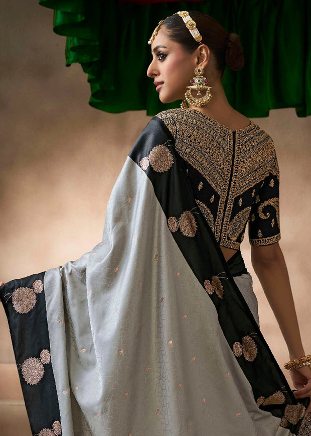 “Exclusive Offer” : Grey & Black Woven Banarasi Satin Silk Saree