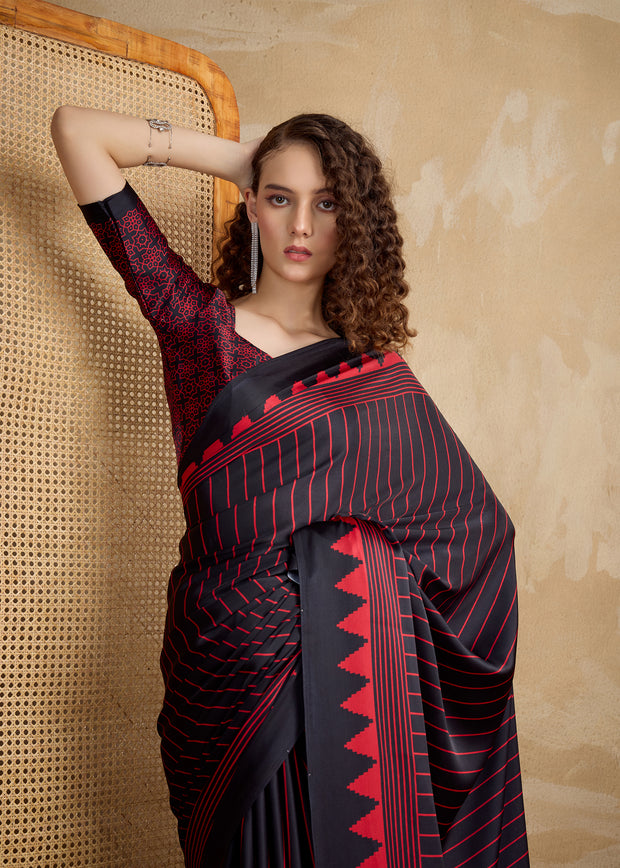 Pirate Black Printed Satin Silk Saree
