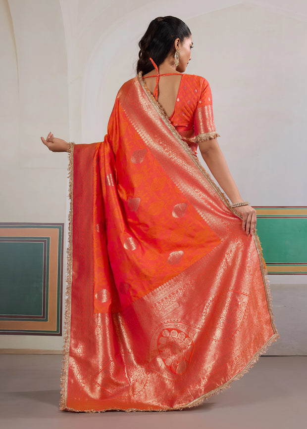 Peel Orange Woven Banarasi Satin Silk Saree