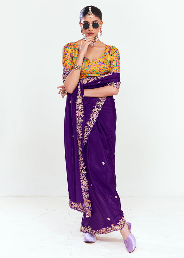 Magic Purple Designer Embroidered Tissue Saree