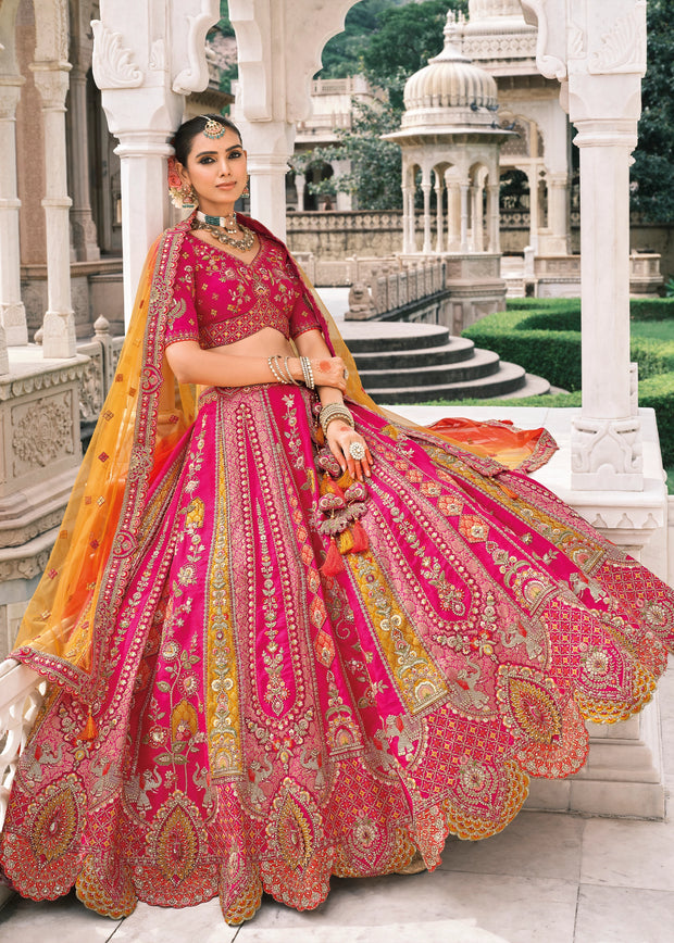Pink & Yellow Heavy Embroidered Designer Lehenga