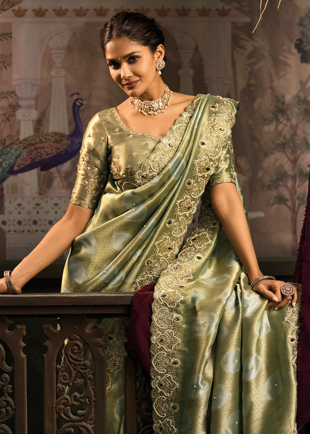 Mehndi Green Designer Embroidered Silk Saree