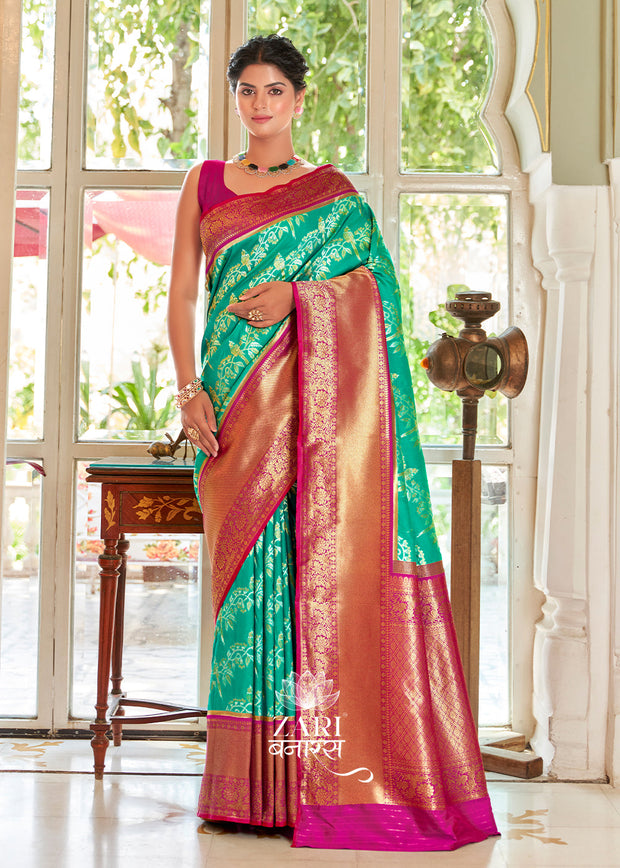 Peacock's Twilight blue and red Kanjivaram leheriya saree with peacock motifs