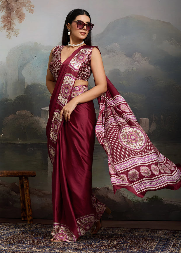Beet Red Printed Satin Silk Saree