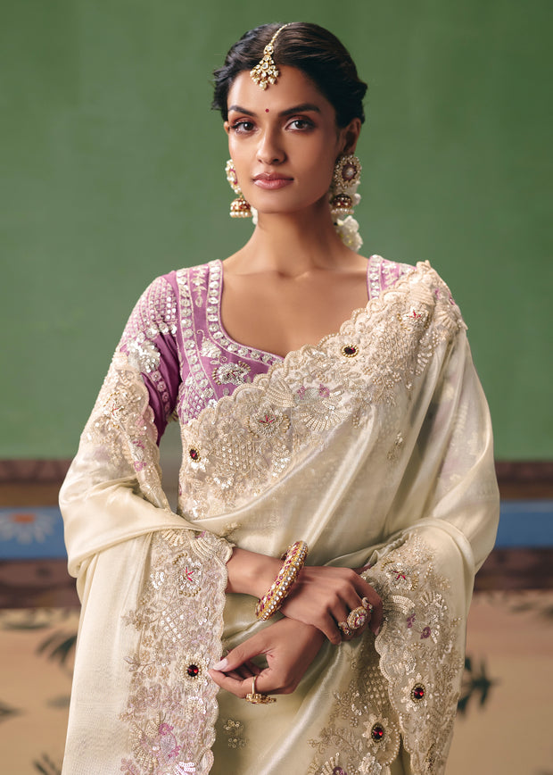 Snow White Embroidered Designer Saree