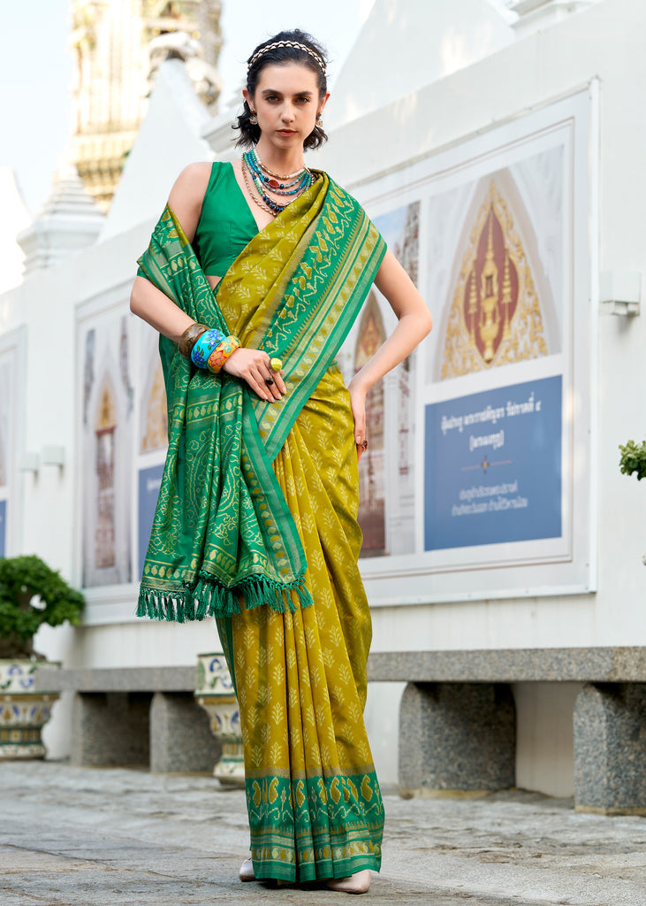 Lime Yellow Woven Soft Silk Saree