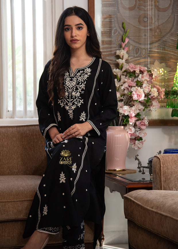 Midnight Black Embroidered Rayon Suit Set (10702020509889)