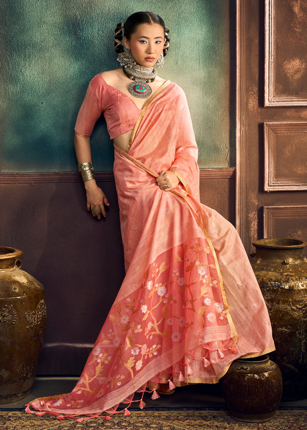 Peach Pink Woven Munga Cotton Silk Saree