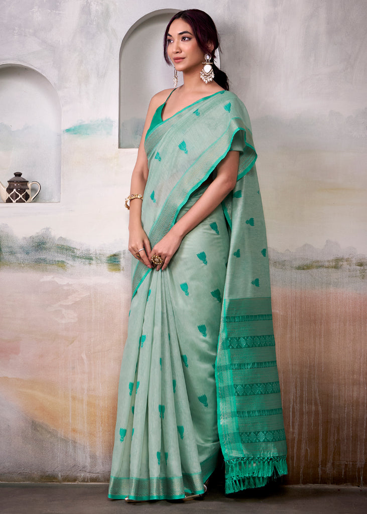 Mint Green Woven Banarasi Cotton Silk Saree