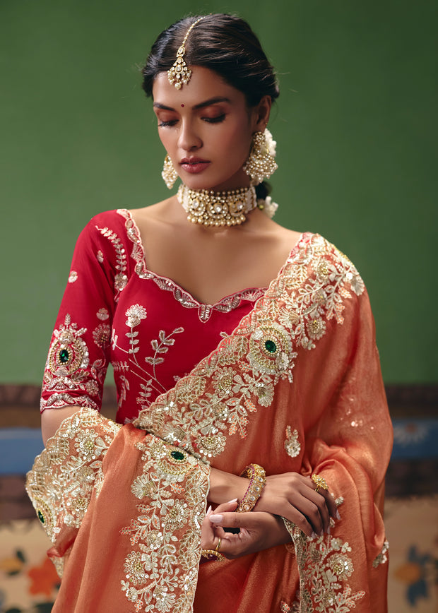 Rust Orange Embroidered Designer Saree