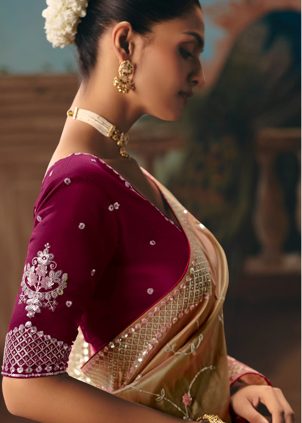 Golden And Pink Embroidered Designer Saree