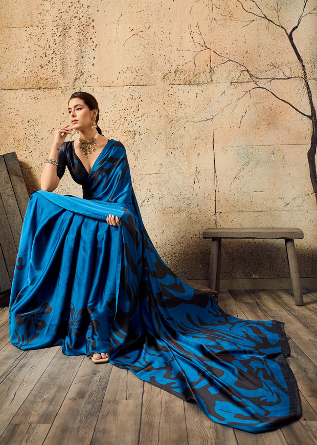 Victoria Blue Printed Satin Silk Saree
