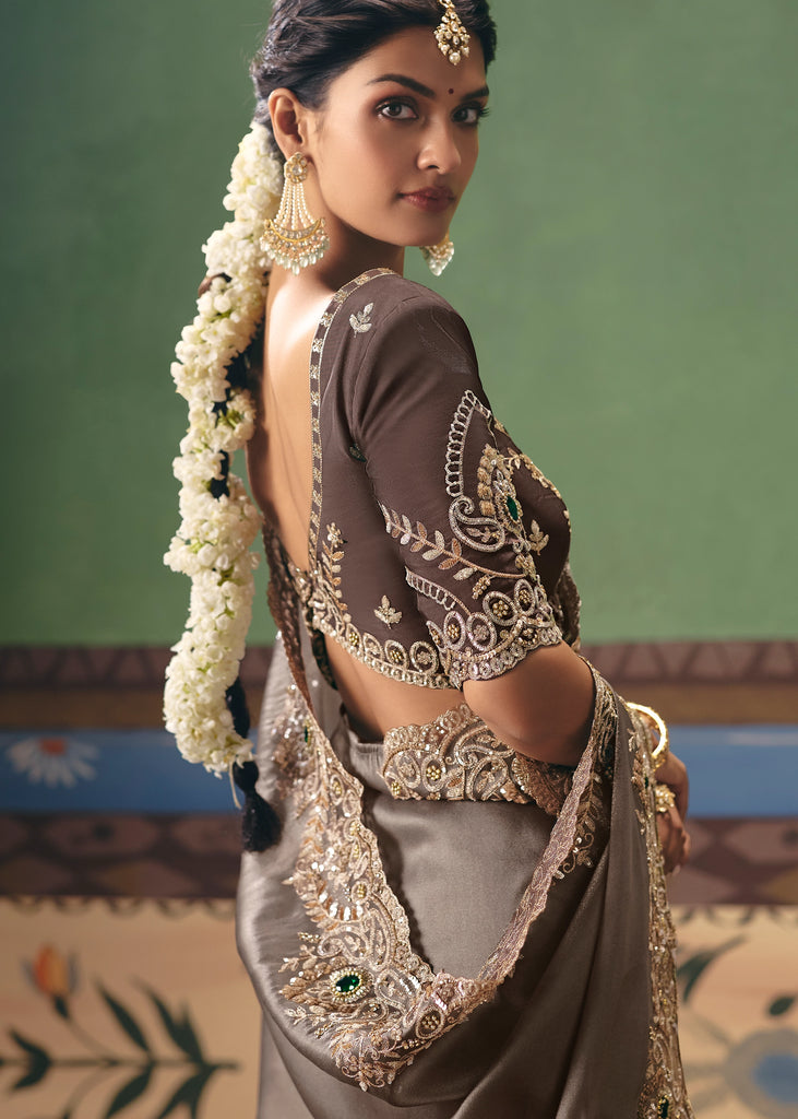 Aluminum Grey Embroidered Designer Saree