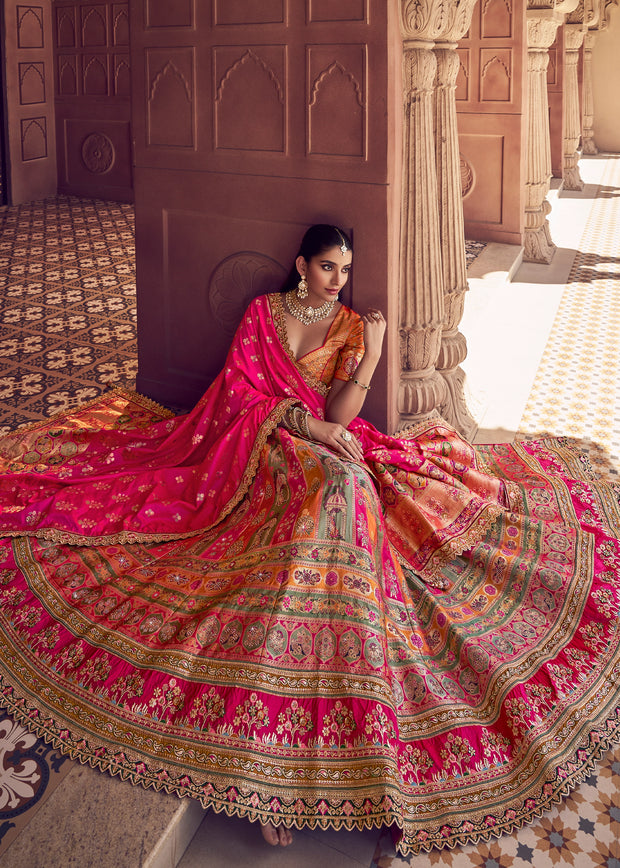 Pink And Orange Banarasi Silk Embroidered Lehenga