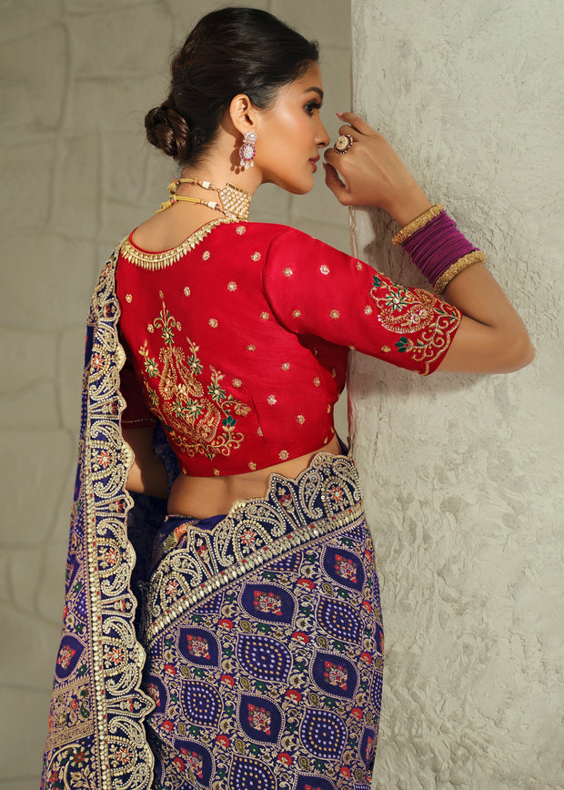 Indigo Blue Embroidered Georgette Bandhej Saree