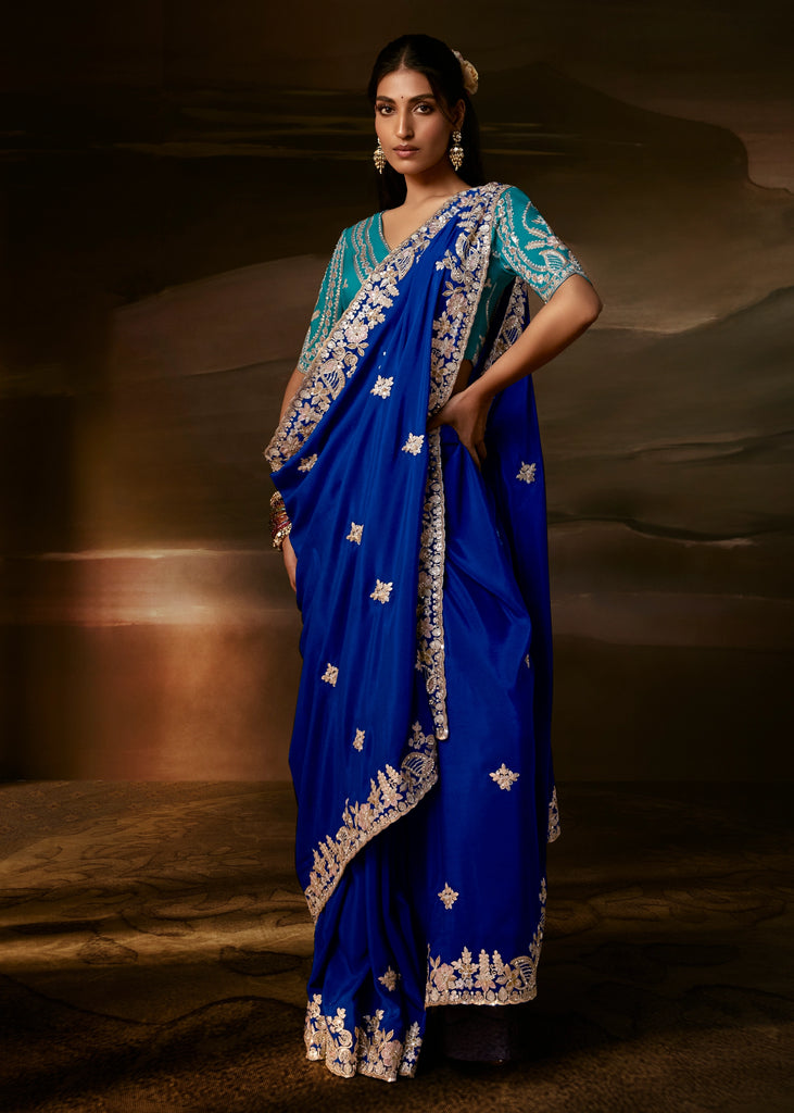 Sapphire Blue Embroidered Designer Organza Saree