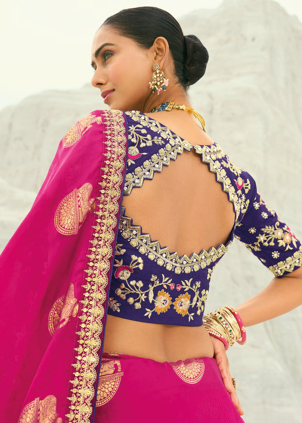 Rani Pink Woven Banarasi Embroidered Organza Satin Silk Saree