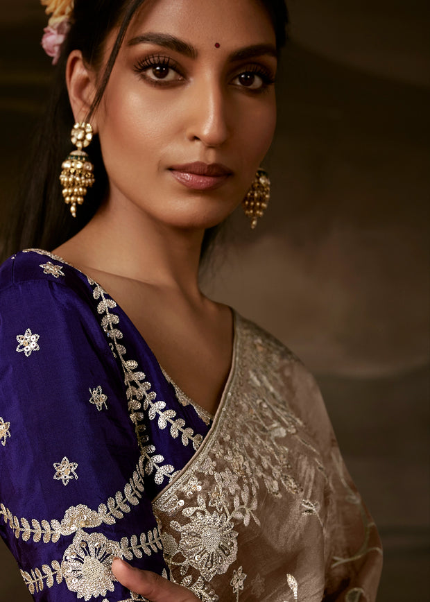 Metallic Beige Embroidered Designer Organza Saree