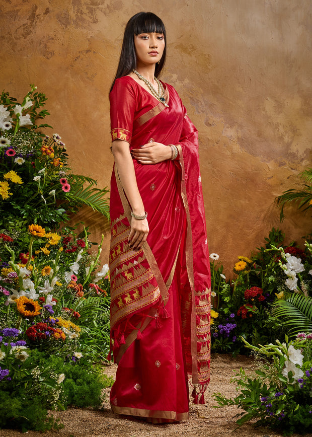 Ruby Red Woven Banarasi Silk Saree