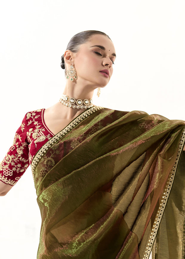 Mehndi Green Designer Organza Tissue Silk Saree