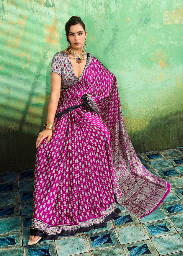 Orchid Purple Printed Satin Silk Saree