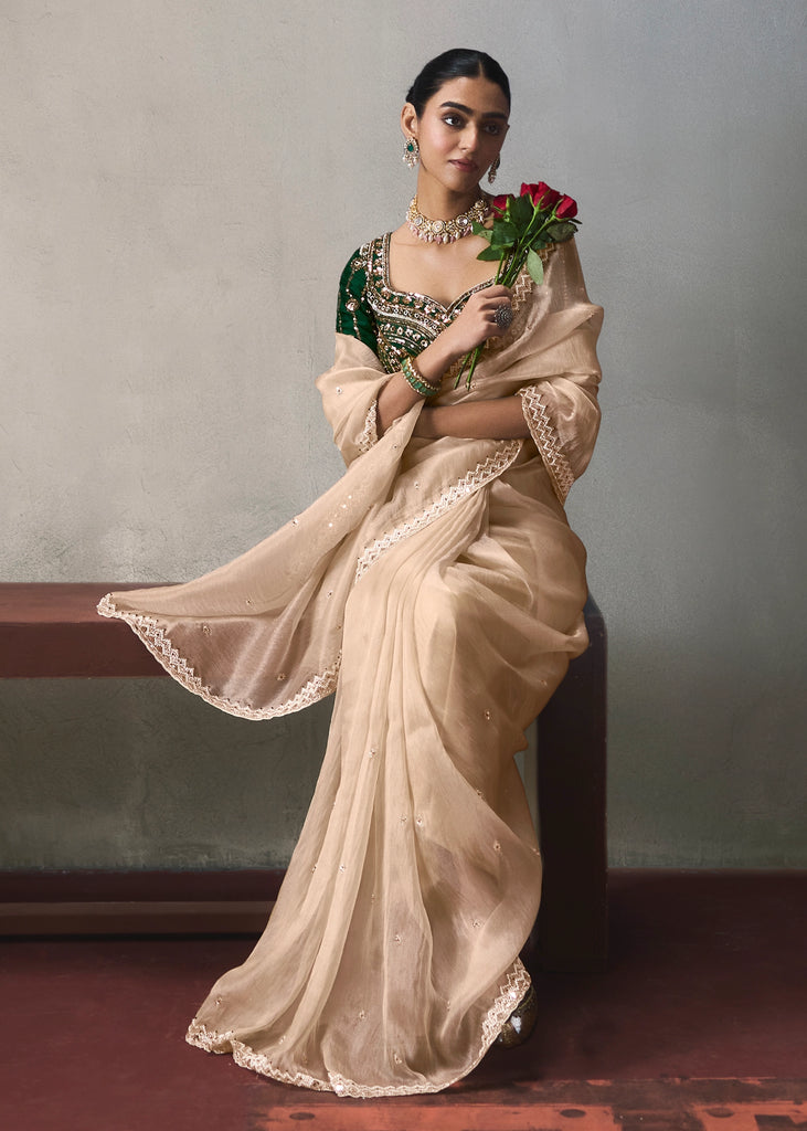 Golden Beige Embroidered Silk Saree With Heavy Blouse