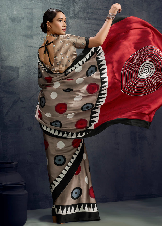 Fossil Grey Printed Satin Silk Saree
