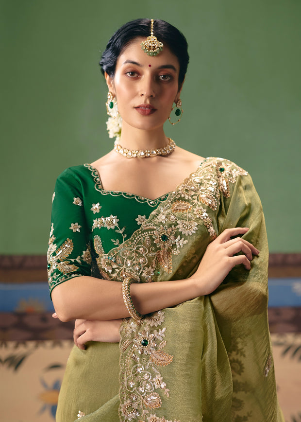 Kiwi Green Embroidered Designer Saree