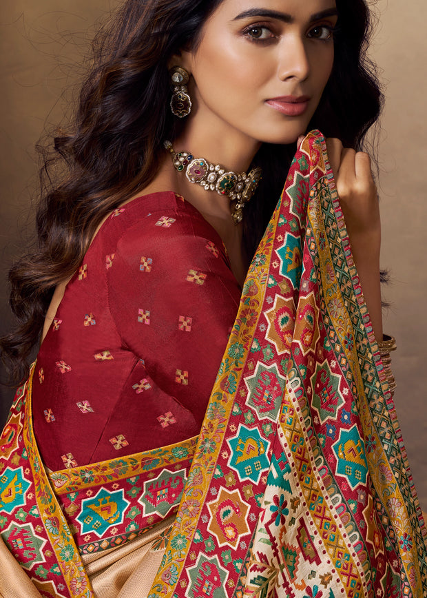 Beige And Maroon Woven Soft Silk Saree